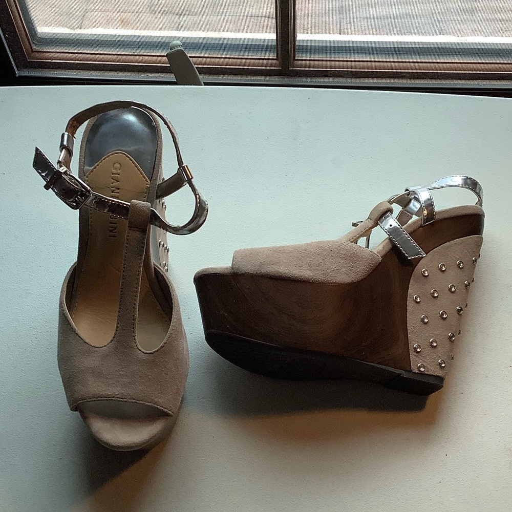 Gianni Bini Tan and Silver Wedge Sandals